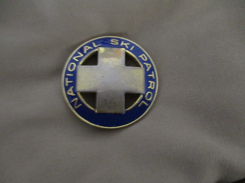 Vintage 1 3/4" Gold Tone Metal National Ski Patrol Blue Enamel Badge  NSP Alumni