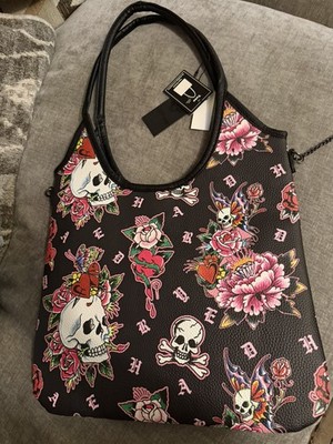 Ed Hardy Skull Rose Tote Bag Black Tattoo Print Vegan Leather NWT Gothic Purse