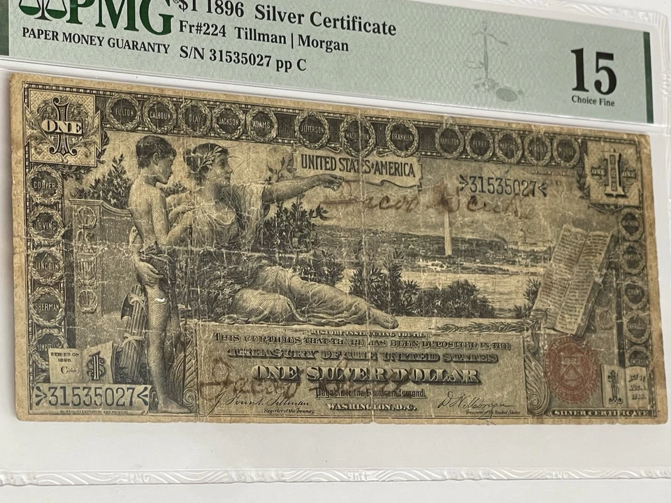 1896 Silver Certificate Educational 1 Dollar Red Seal W Rays PMG 15 Jacob Scott - Image 4 of 4