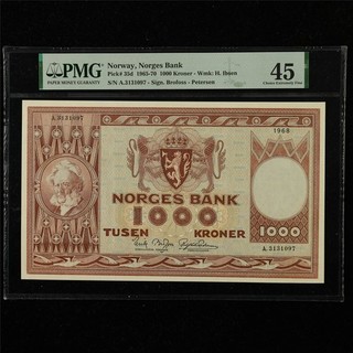 1965 70 Norway Norges Bank 1000 Kroner Pick#35d PMG 45 Choice Extremely Fine