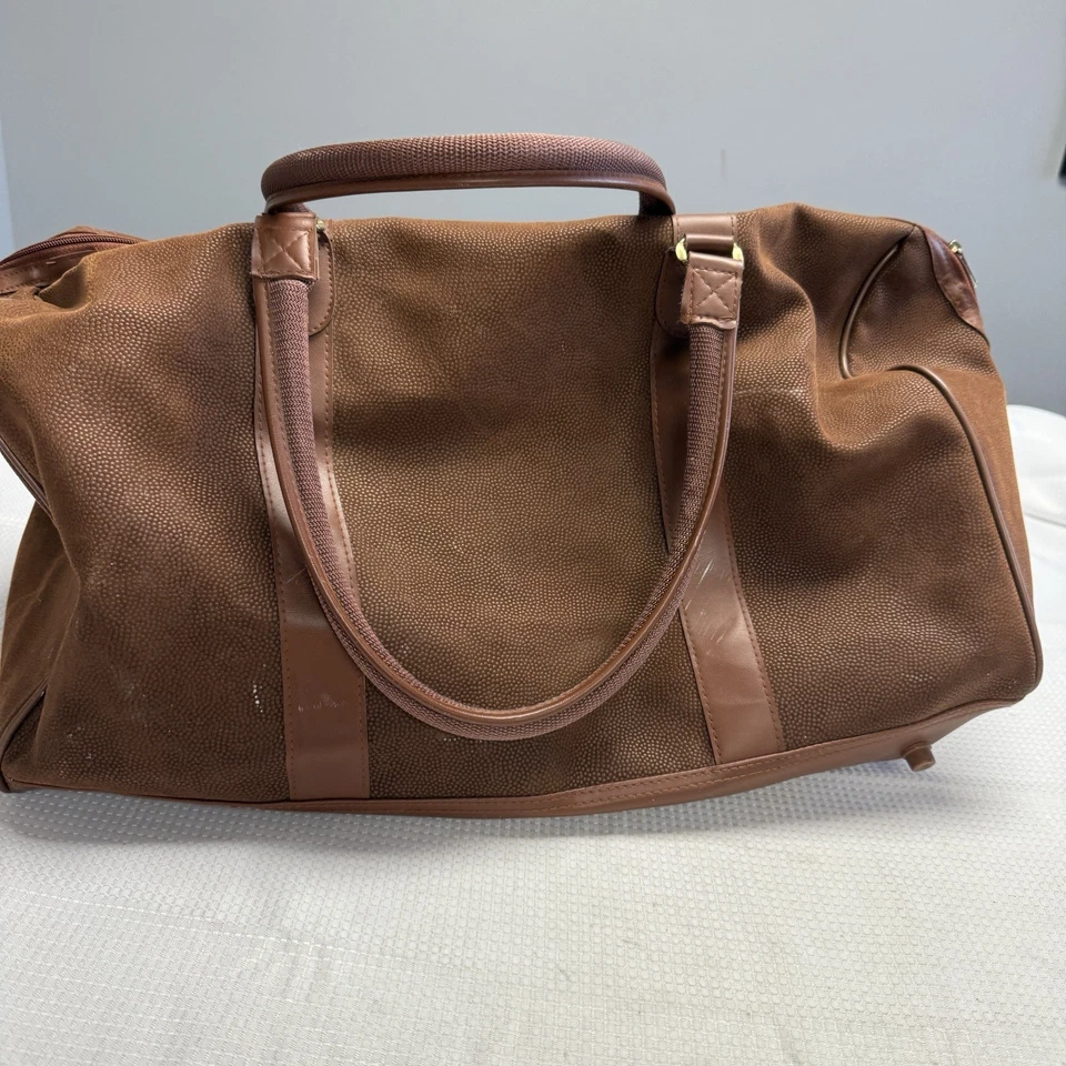 Karl Lagerfeld Vintage Big Brown Leather Duffle Weekender Travel Bag Handle - Image 3 of 4