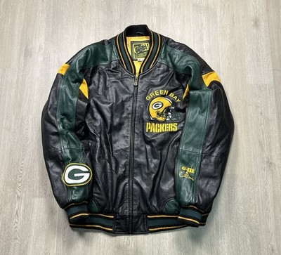 VTG G-III Green Bay Packers Leather Jacket Black Green Yellow NFL Football Sz XL