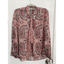 Alice + Olivia Anabel Slim Tie Neck Tunic Blouse Medium Red Paisley Semi Sheer