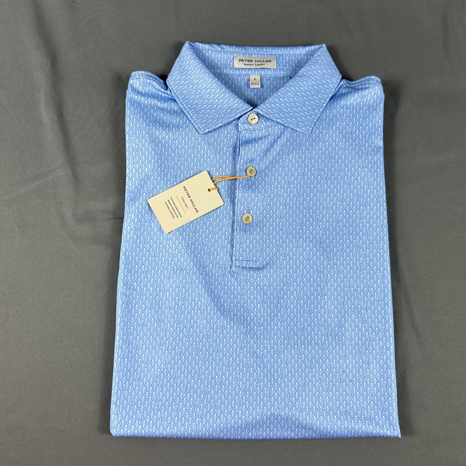 Peter Millar Golf Shirt Polo CS Summer Comfort Shake It Up Print Large Blue $115