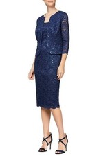 ALEX EVENINGS 2pc Navy Shimmer Sequin Lace Shift Dress + Jacket 8