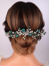 Bridal Crystal Hair Comb, 15x8cm, Silver-Green, Teardrop, Rhinestone Headpiece