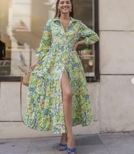 NWT ZARA SS21 GREEN PRINTED DRESS RUFFLE HEM WITH BAG 3238/190