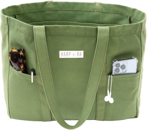 Extra Large Canvas Tote Bag - Utility with 2 Front Pockets and Laptop Sleeve, He