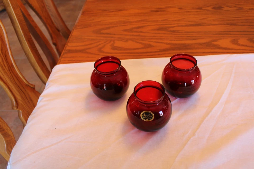 Anchor Hocking Vintage Royal Ruby Set Of 3 Round Fishbowl Style Vases 1950's - Image 3 of 4