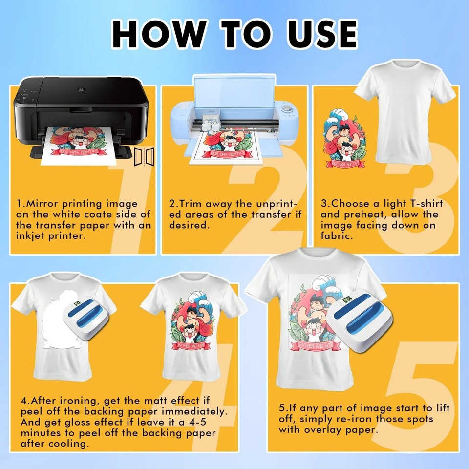 30 Sheets Printable Light T-shirt Iron-on Heat Transfer Paper Inkjet ...