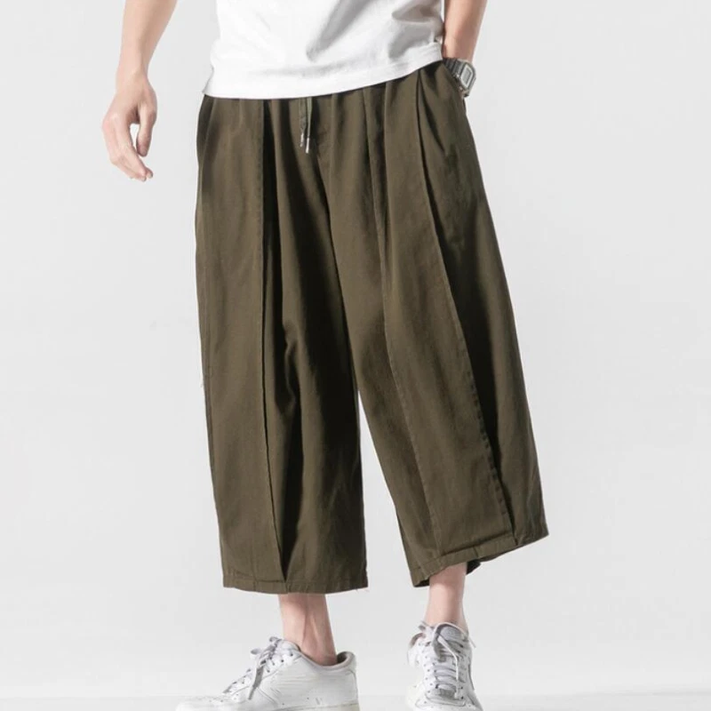 Mens Cotton Shorts Cropped Pockets Retro Wide Leg Casual Summer