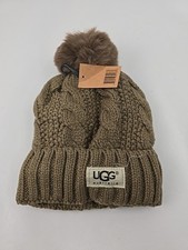 UGG Australia Cable Knit Beige Beanie With Faux Fur Pom-Pom Fleece Lining Logo