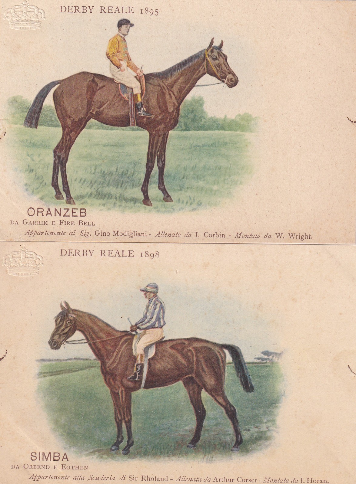 2 CARTOLINE DI ROMA ,DERBY REALE DEL 1895 CAMPANELLE - CAVALLO ORANZEB E SIMBA