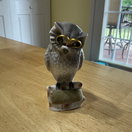 Vintage Japan Ceramic Owl Scissors Holder Pin Cushion