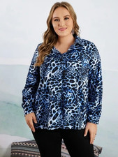 Blue cheetah print button down blouse
