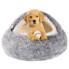 Hooded Dog Bed Small Nest Washable Cute Cat Cave Cozy Nook Anti-Slip Grey