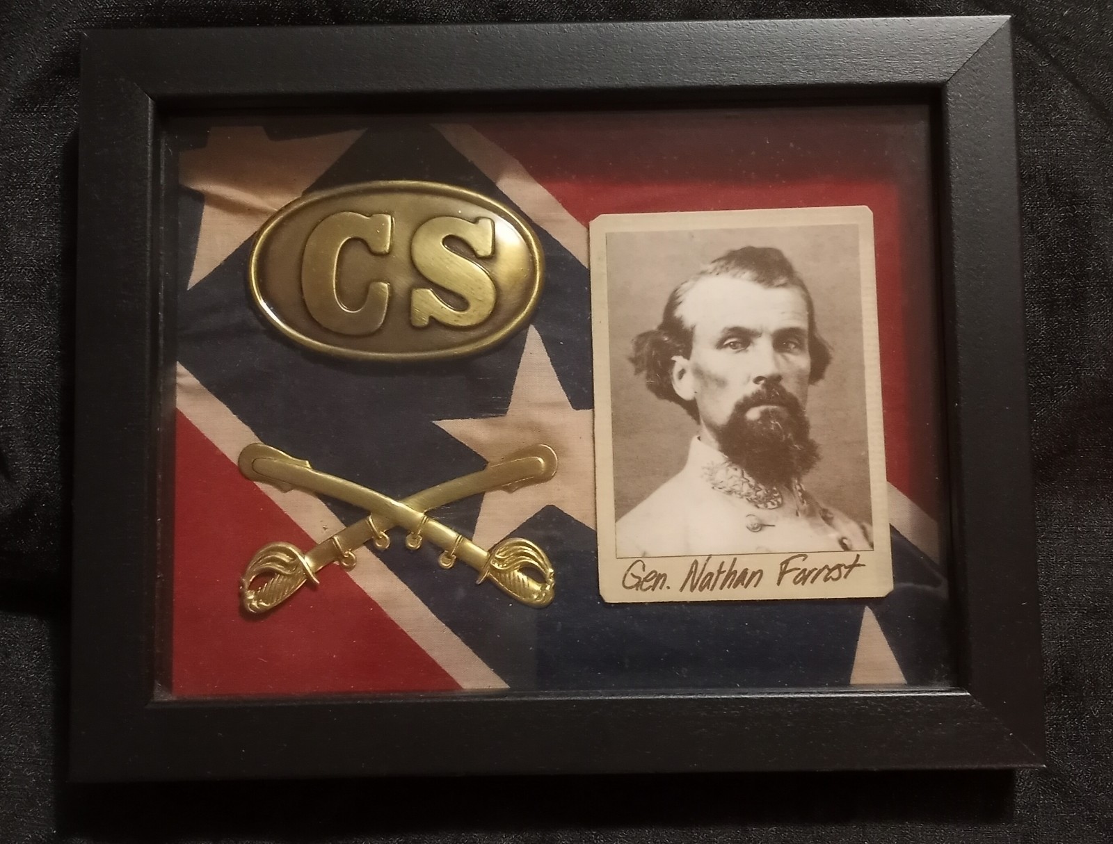 Gen. Nathan Bedford Forrest Shadow Box Frame C.S. Buckle, Insignia & Portrait
