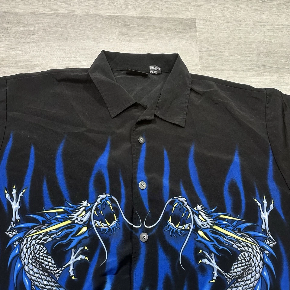 Y2K ODO FLAMES Dragon Button Up Shirt Size XL Black/Blue Vintage Tribal - Image 3 of 4