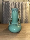 Roseville Orian Turquoise Vase #735-7. Art Deco Handled Vase, With Foil Sticker