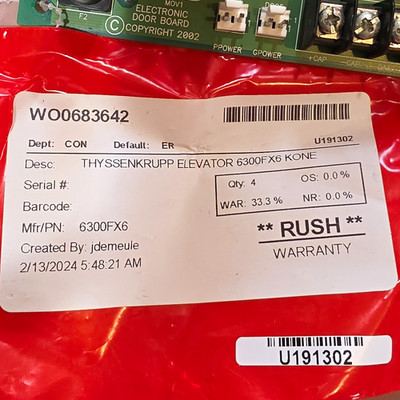 ThyssenKrupp Elevator Electronic Door PCB 6300FX6 W00683642 24V FR-4 Reman,