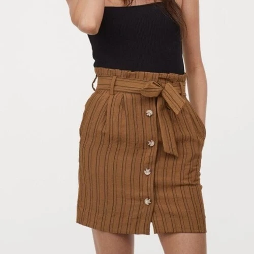 H&M Brown Stripe Button Front Paperbag Skirt 8