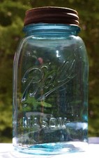 Antique Ball Mason Jar Blue Glass Leaning Error Letters No Perfect Rare Ball Cap