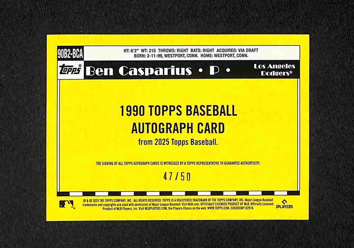 2025 Topps Series 2 - 1990 Topps Ben Casparius Auto /50 #90B2-BCA 