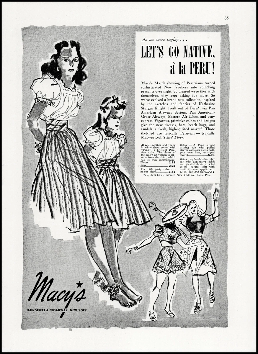 1939 Macy's women's Girls Peruviana clothing line NYC vintage art print ad S7