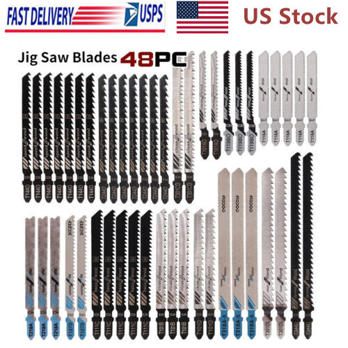 48PC Jigsaw Jig Saw Blades T-shank Assorted Wood Metal Steel Plastic Drywall US