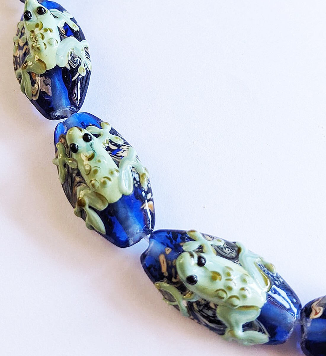 4 Handmade Lampwork Glass Beads Blue Long Oval Frog 28 mm 4 Beads (#a39)