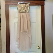 Love Culture Cream & Tan Silk Blend Strapless Hi Low Prom Formal Dress Juniors 0