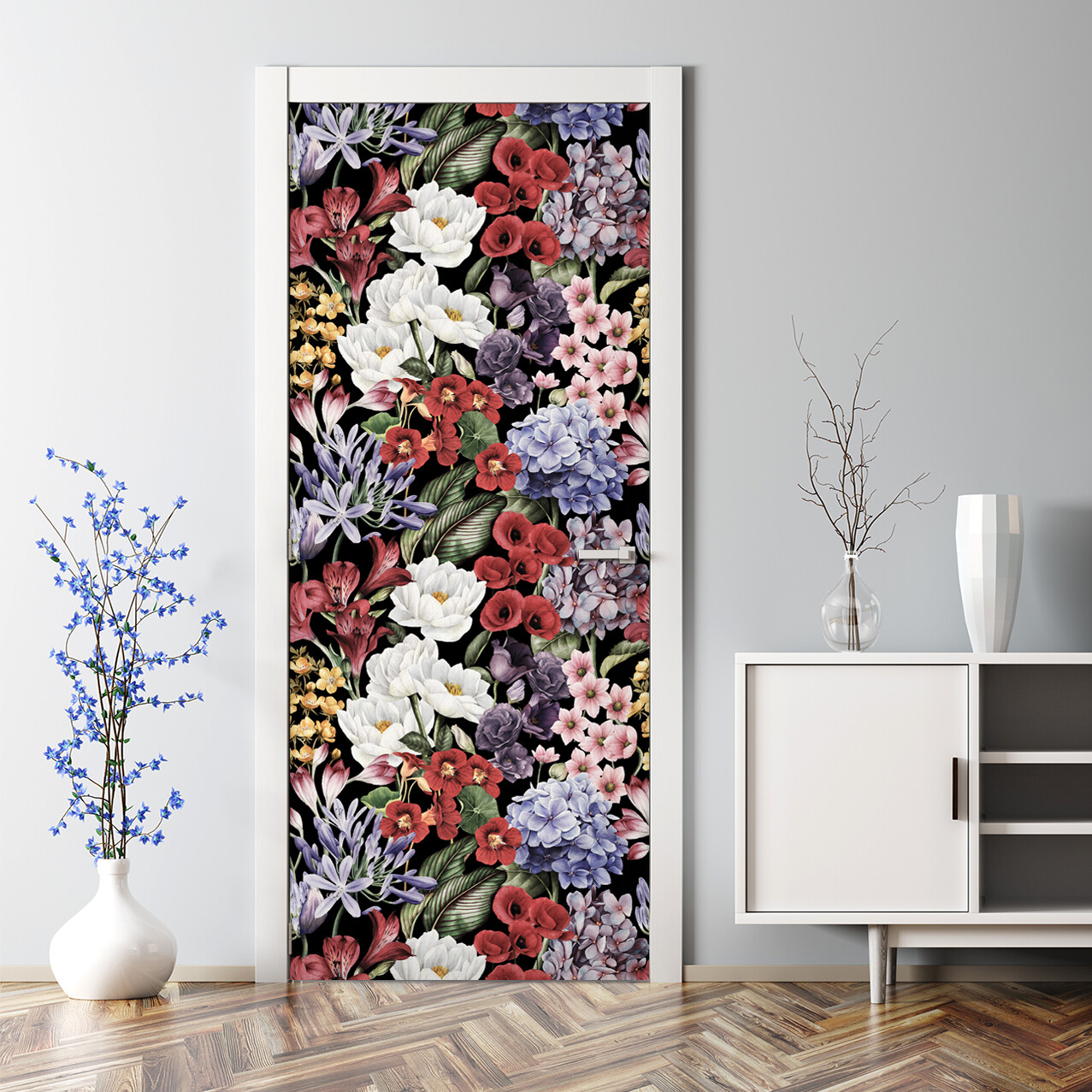 Peony Colourful Meadow Floral Bubble Free Door sticker self adhesive Watercolour