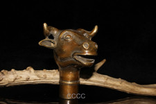 Rare Chinese Retro Bronze Bull Head Cane Walking Stick Head Handle Accessories
