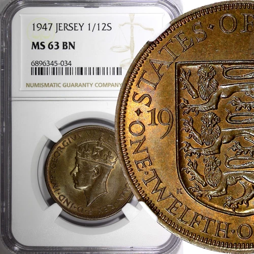 JERSEY George VI Bronze 1947 1/12 Shilling Mintage-444 000 NGC MS63 BN KM# 18(4)