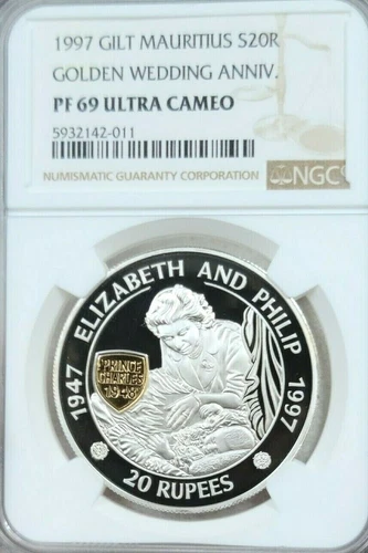 1997 MAURITIUS SILVER 20 RUPEES GOLDEN WEDDING ANNIV NGC PF 69 ULTRA CAMEO TOP