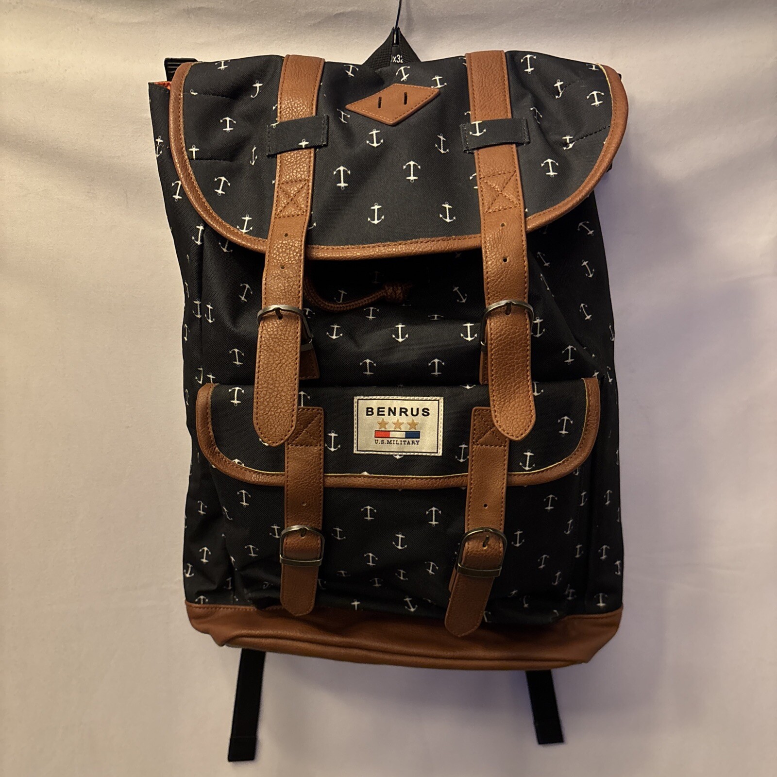 BENRUS Scout Backpack U.S. Military Navy Blue/White Anchor, drawstring, Leather