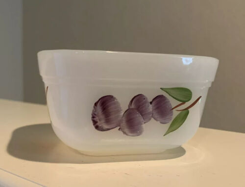 Vintage Fire king 4 in. Milk glass square refrigerator bowl, grapes, peach, - Picture 1 of 2