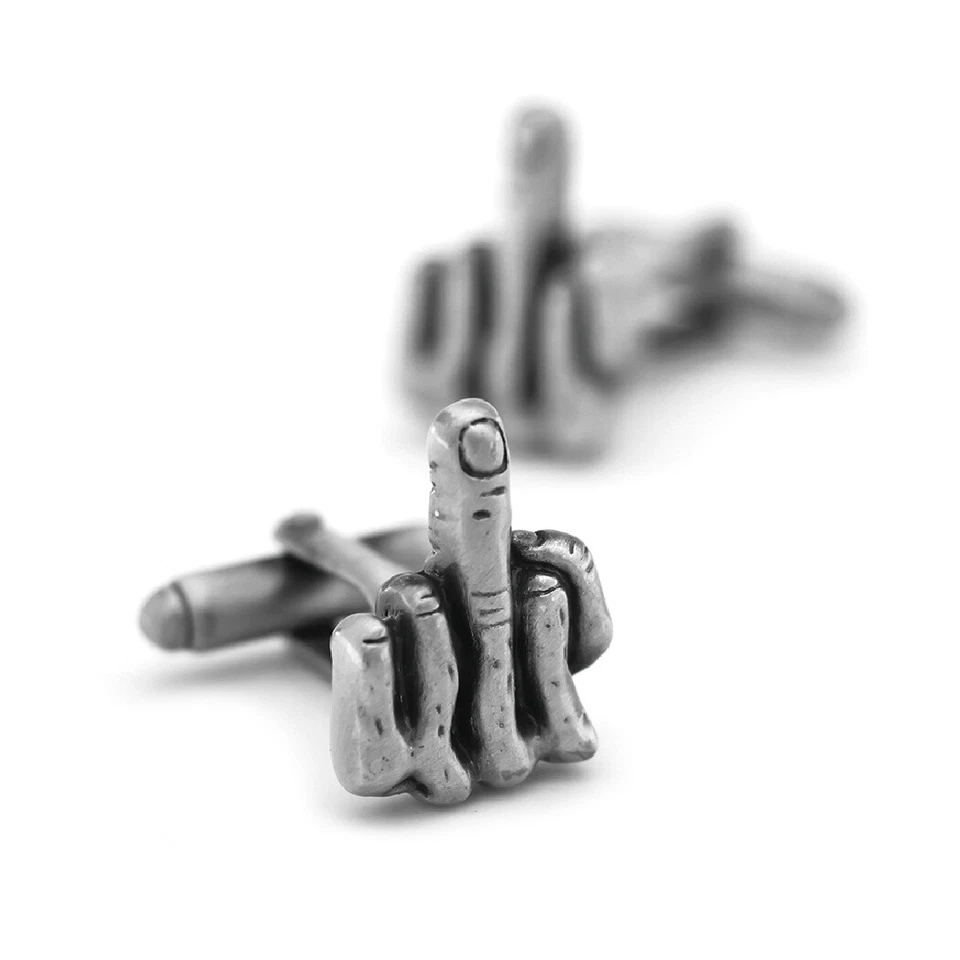 MIDDLE FINGER CUFFLINKS Funny Rude Gesture Gag Gift Gunmetal Gray NEW w GIFT BAG Foto 2 de 4
