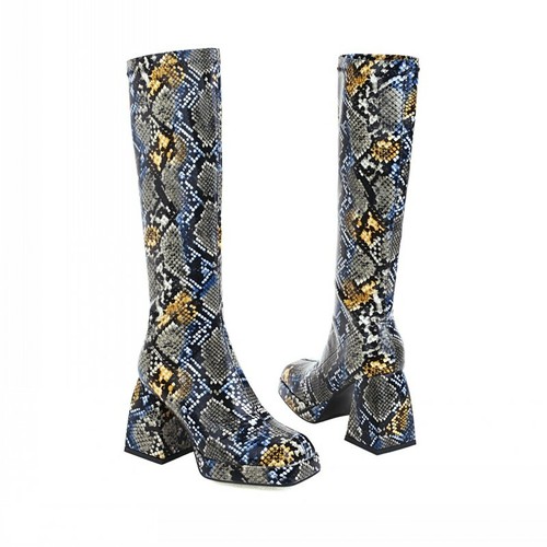 Women Snakeskin Print Square Toe Chunky 