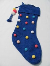 NEW 20" BLUE KNIT WITH COLORFUL POM POMS STOCKING