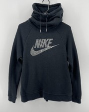 Nike Cowl Neck Hoodie Pullover Sweatshirt Womens Medium Black Shiny Swoosh Logo