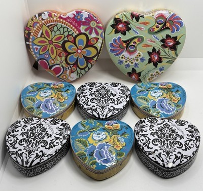 Lot of 8 Brighton Tins Heart Shaped Small & Medium EMPTY jewelry Boxes