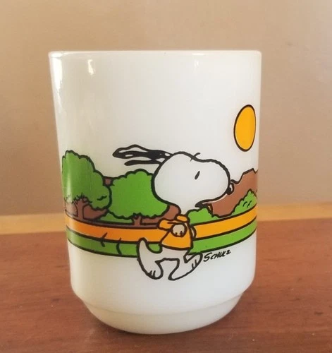 Vtg Anchor Hocking Snoopy Milk Glass Mug 1958 Keeping Fit Is Hard Work 1960s
