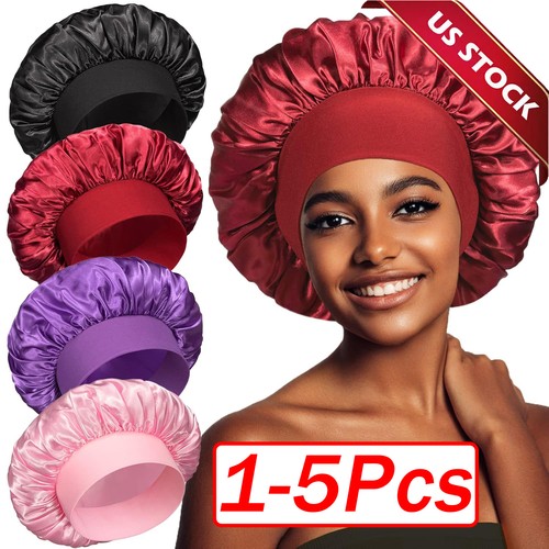 Women Satin Bonnet Night Sleep Cap Hair Hat Silk Head Cover Wide Elastic Band