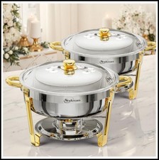 Round Chafing Dish Set 2 Pack 6QT Stainless Steel Gold Silver Buffet Warmer for