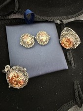 Vintage Art Deco style 3 piece (ring, earrings, pendant) S/S Set with Citrine CZ