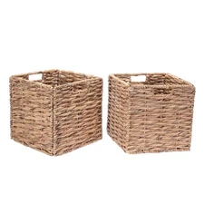 Set of 2 Wicker Storage Baskets Foldable Water Hyacinth 12 Inch Bins