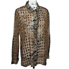 Y2K Notations Sheer Metallic Button Up Blouse Top Size L Black Gold Office Siren