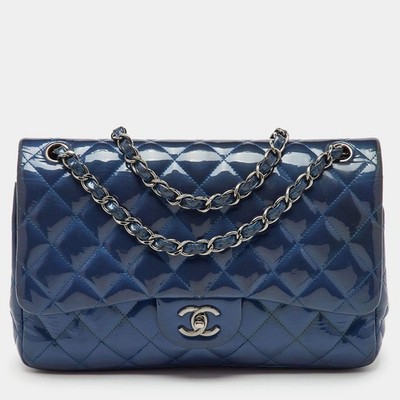 Chanel Navy Blue Iridescent Patent Leather Classic Jumbo Double Flap Bag