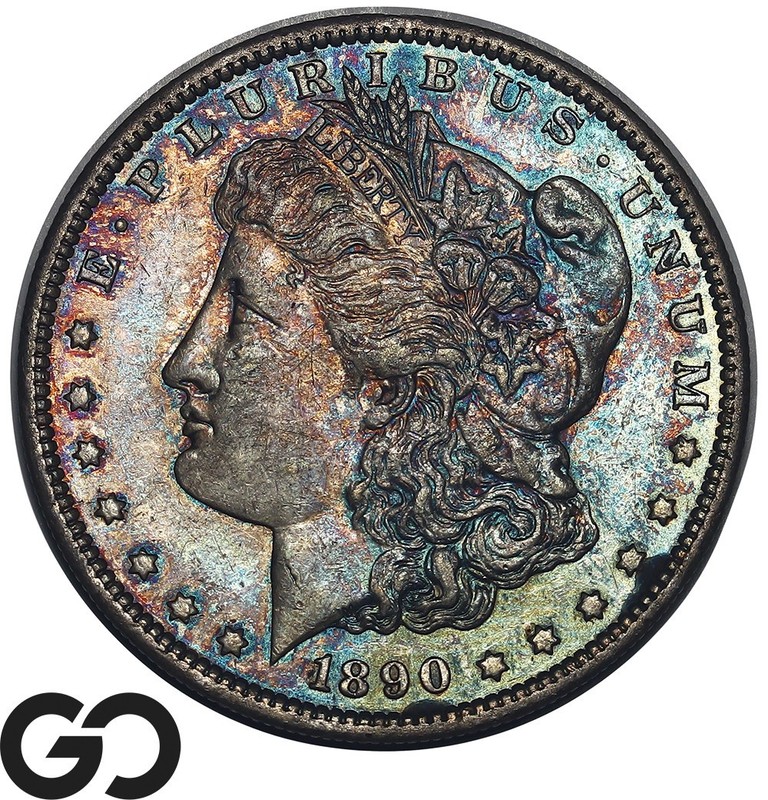 1890-S Morgan Silver Dollar Coin, Stunning Electric Blue/Amber, Choice AU